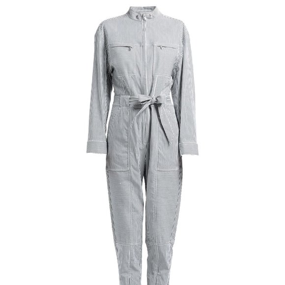 Jonathan Simkhai Striped Jumpsuit Belted Zipper Pockets White Blue Size 4 - Picture 1 of 11